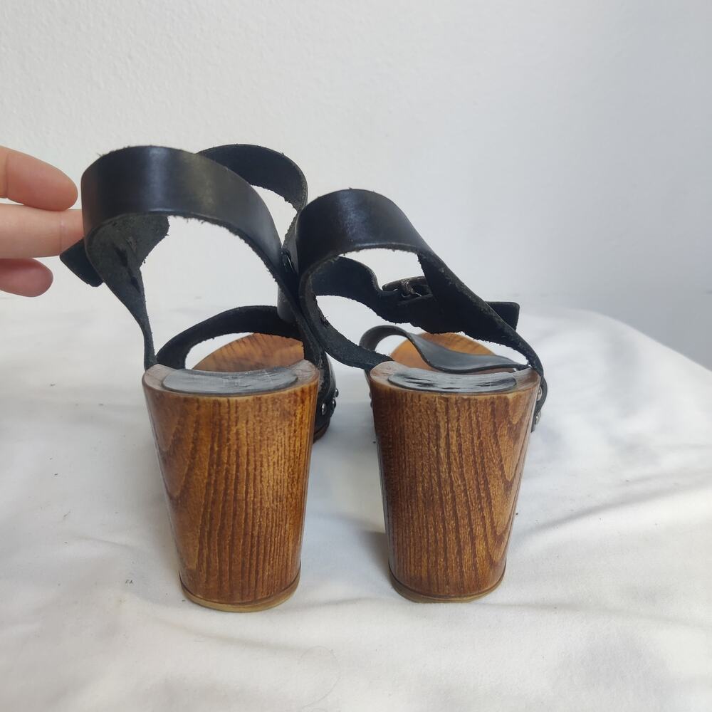 Miz Mooz NYC Wooden Block Heel Studded Black Leather Sandals Size 8 Scandi Girl - Picture 3 of 12